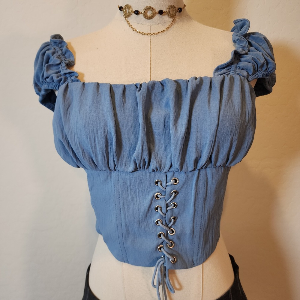 Misscix Blue Corset‎ Top Ruffle Sleeve Lace Up Bustier Blouse Womens Large